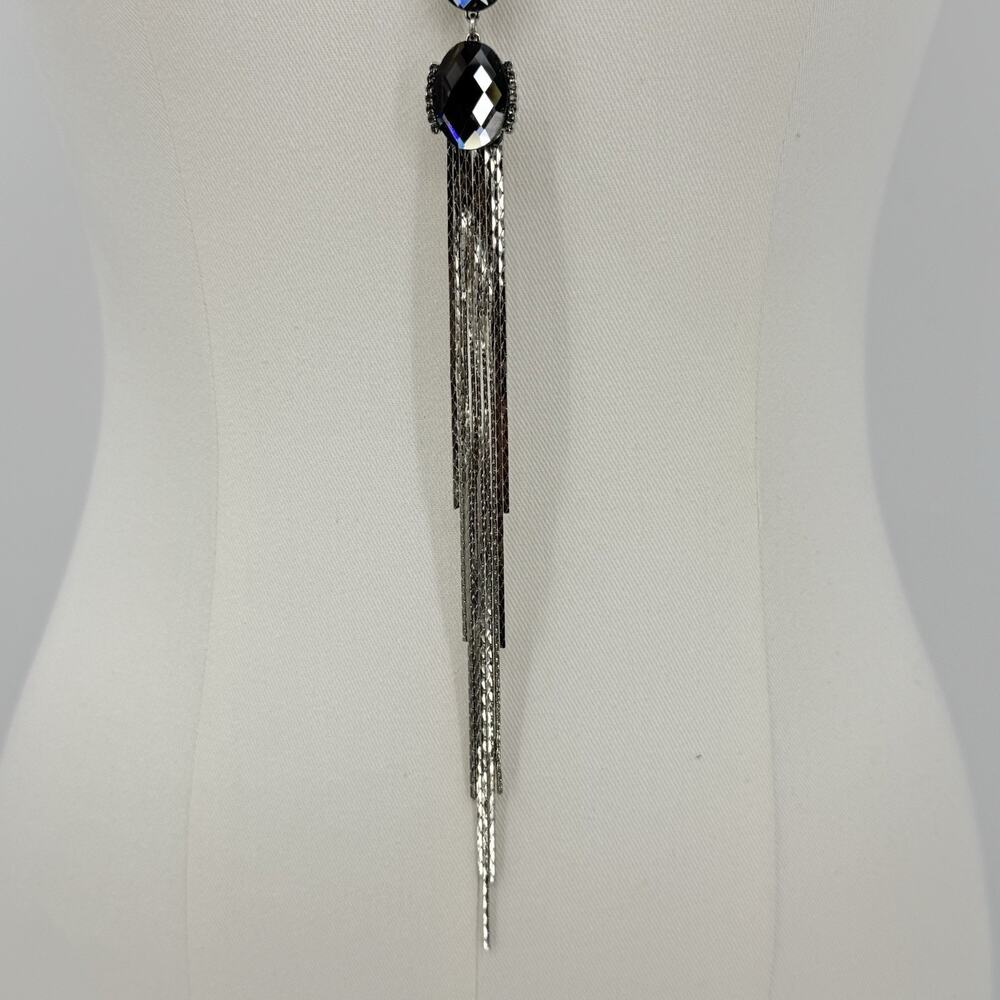 Banana Republic Silver Faceted Crystal Tassel Pendant Long Necklace Statement - Picture 4 of 7